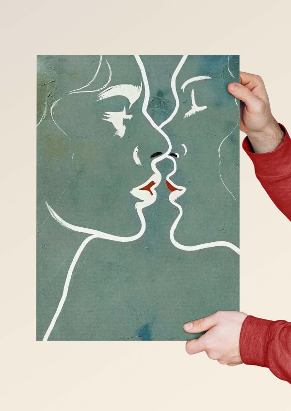 Intimate white line art of a kissing couple on canvas.
