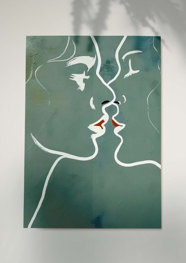 Minimalist abstract line art of two faces about to kiss.