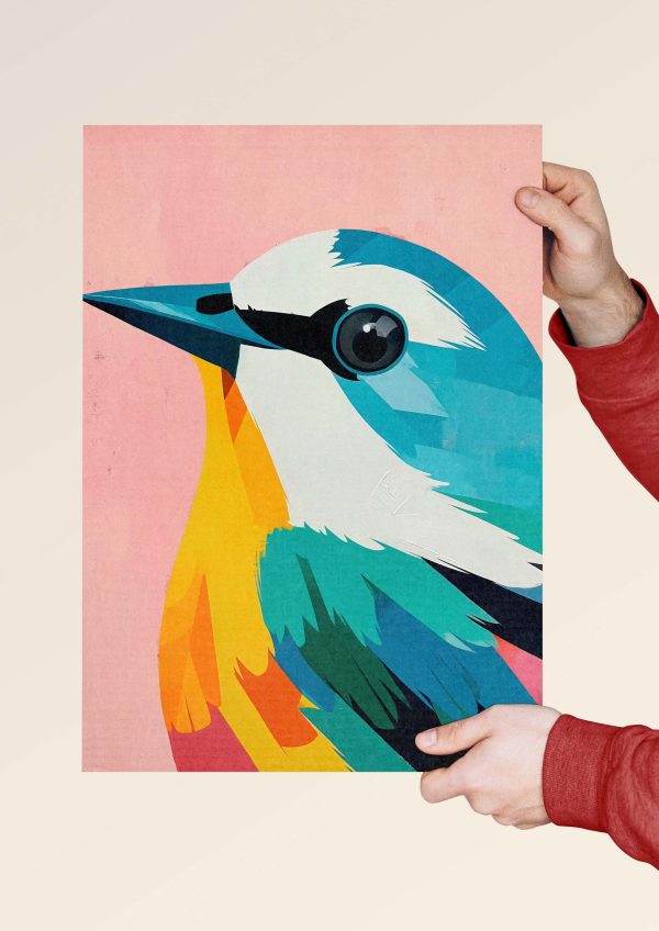 A vibrant and colorful geometric bird design with vivid teal, orange, and yellow feathers set against a calming pastel pink background. This modern art poster is ideal for creating a playful yet sophisticated atmosphere in your home or office.