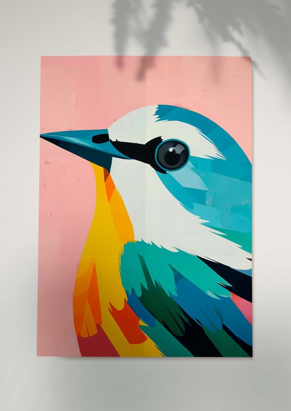 A close-up modern geometric bird illustration poster featuring a stylized bird with a white and blue head, a large glossy black eye, and multi-colored feathers in teal, orange, yellow, and dark green. The background is a soft pastel pink, creating a beautiful contrast with the vivid hues of the bird. The angular design and clean lines make it ideal for modern or eclectic interior wall art. This poster is perfect for brightening living rooms, bedrooms, or home offices with a contemporary and playful touch.