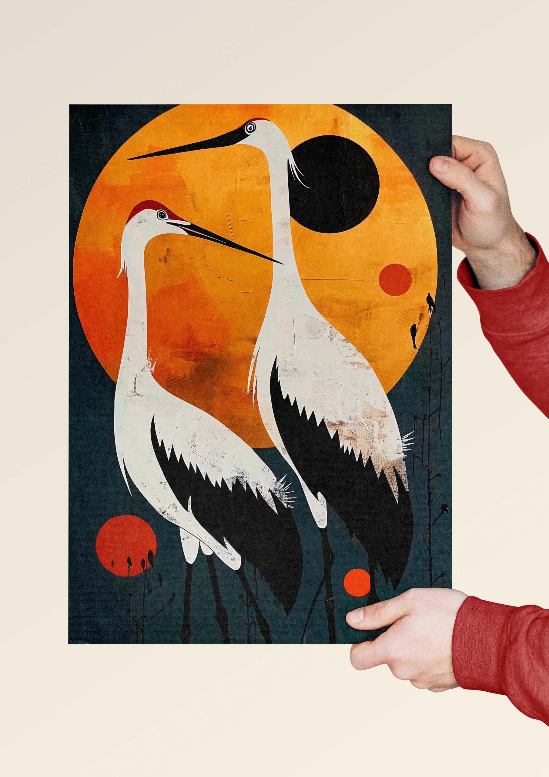 Modern crane art print with bold sunset background.