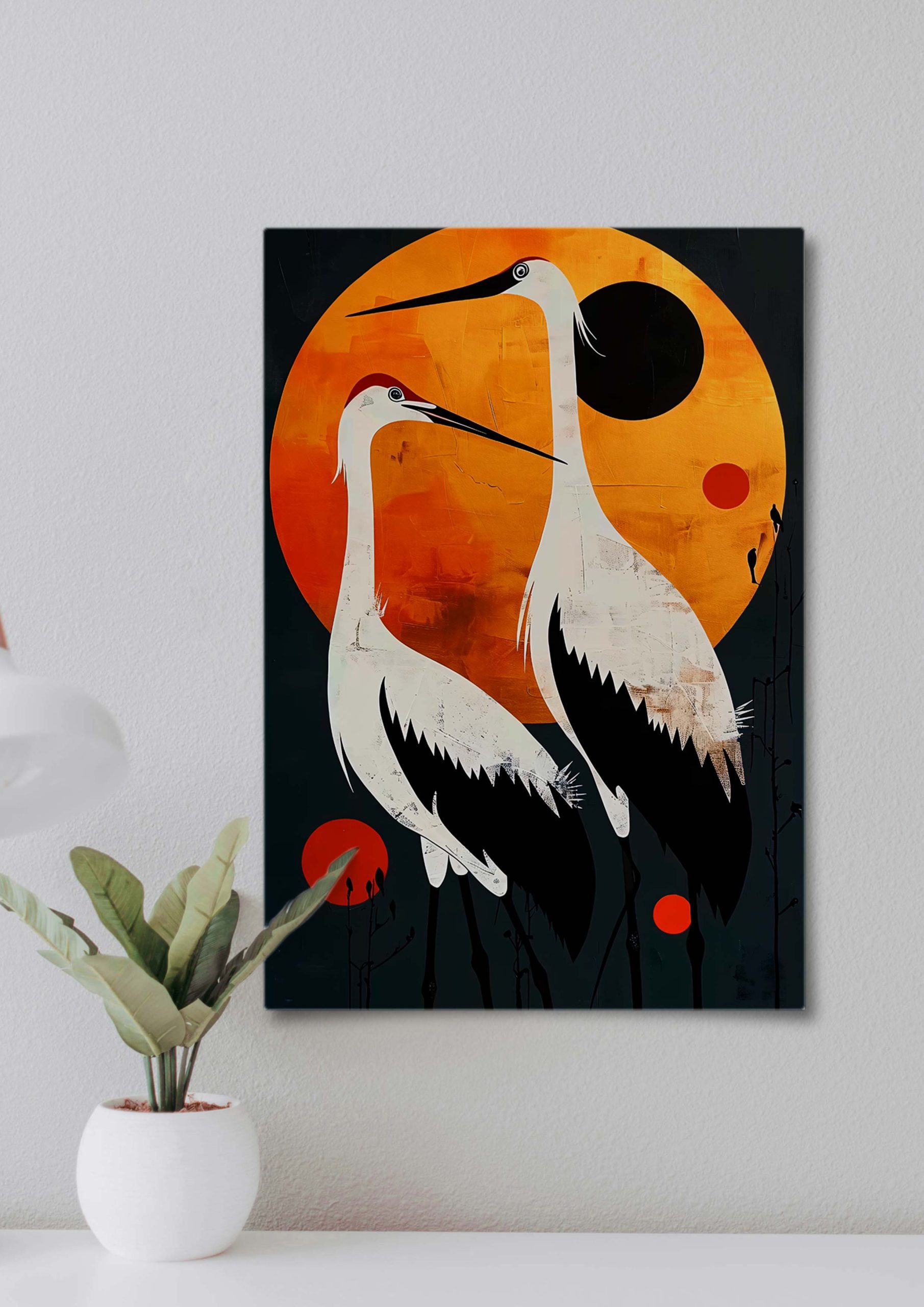 Elegant birds silhouetted in front of geometric orange and black shapes.