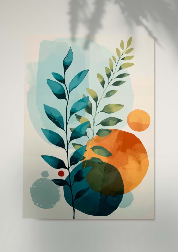 Abstract botanical artwork with teal and green leaves over geometric shapes.