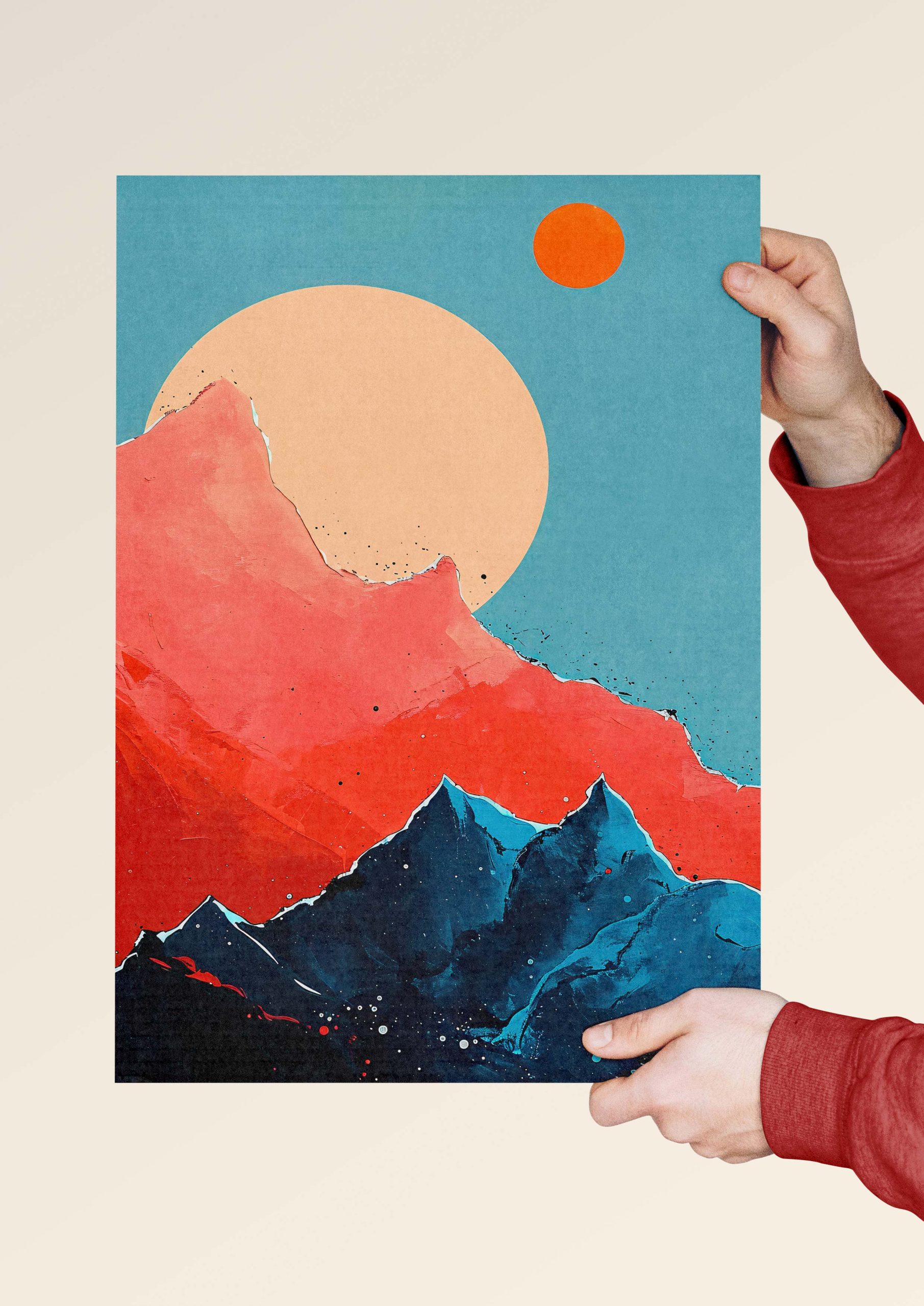 Vivid modern painting of colorful mountains under orange and beige suns.