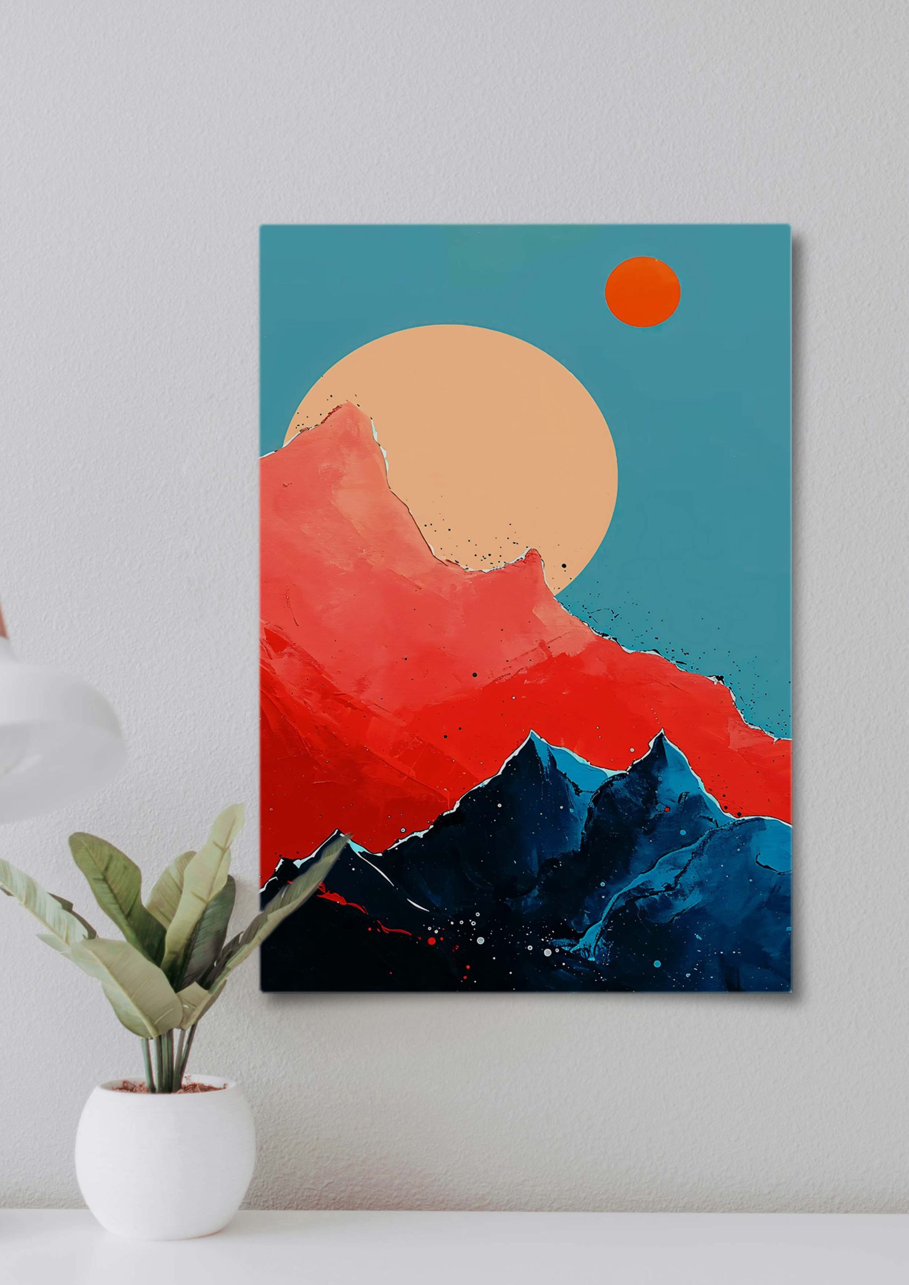 Surreal landscape artwork with cosmic sky and bold peaks.