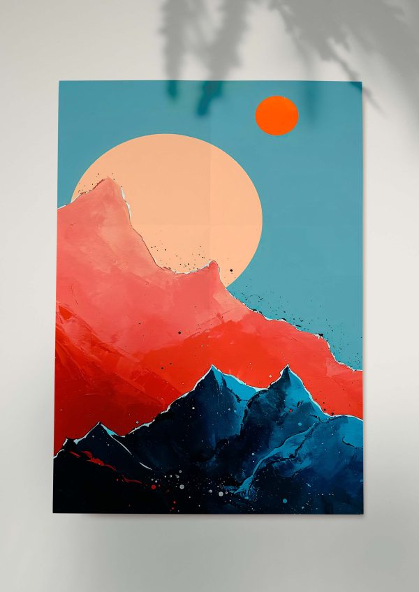 Abstract red and blue mountain landscape with large sun.