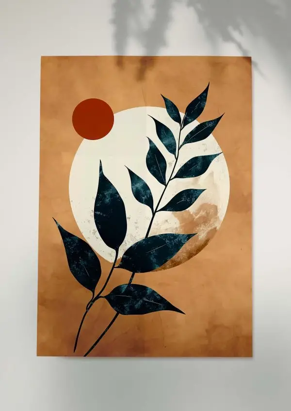 Minimalist botanical print with dark leaves against a full moon.