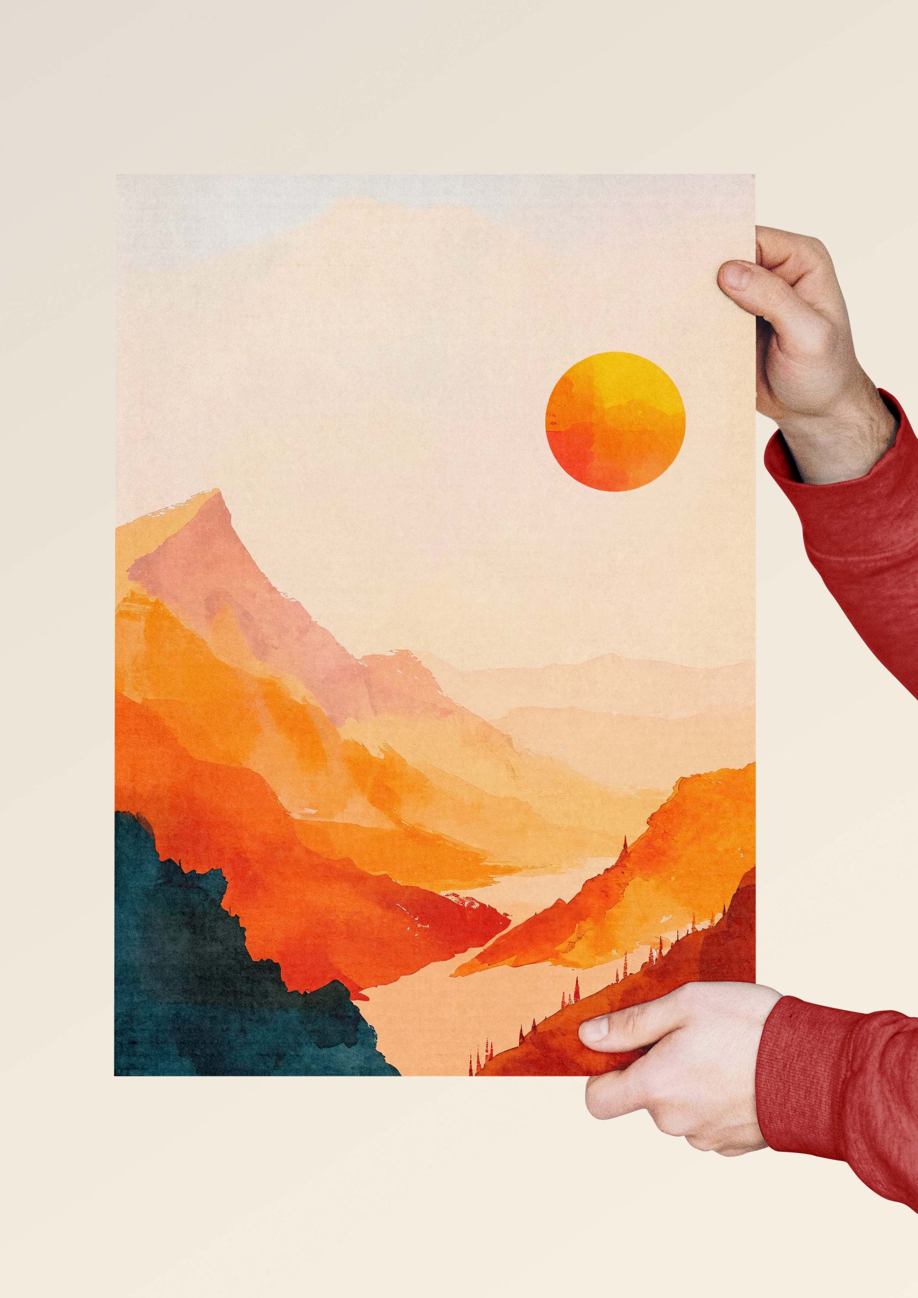 Tranquil nature painting featuring sunlit mountain scene