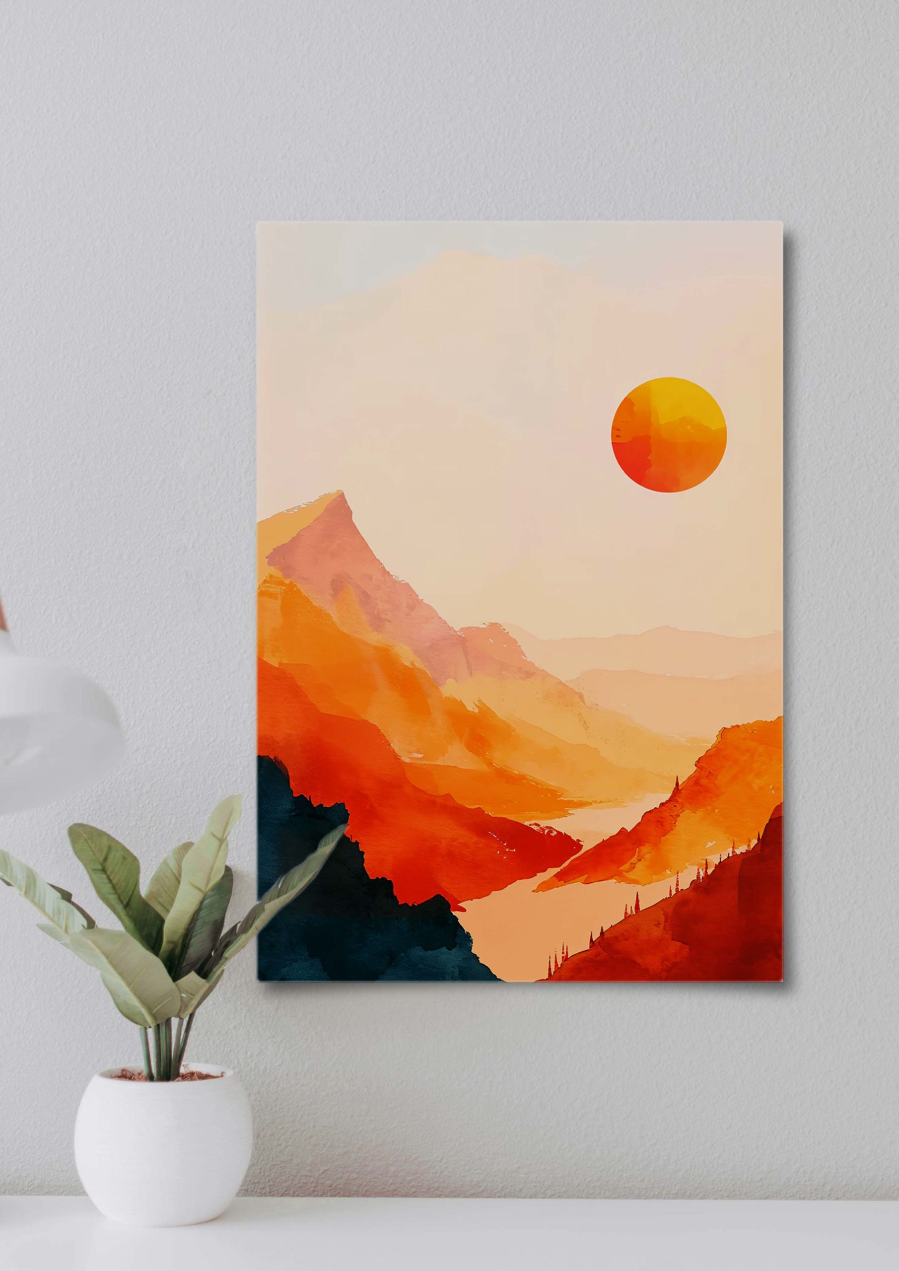 Serene mountain valley art print in warm sunset tones.