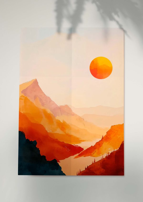 Watercolor-style landscape with glowing sun over orange mountains.