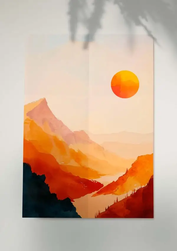 Watercolor-style landscape with glowing sun over orange mountains.