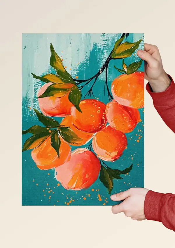 Artistic oranges and leaves print with splatter effect.
