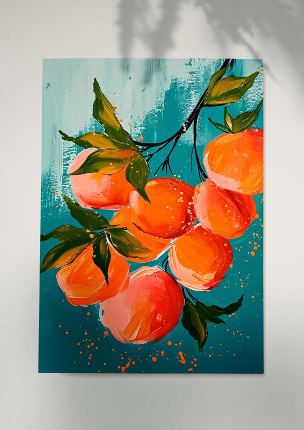 Bright orange fruit illustration with green leaves on teal background.