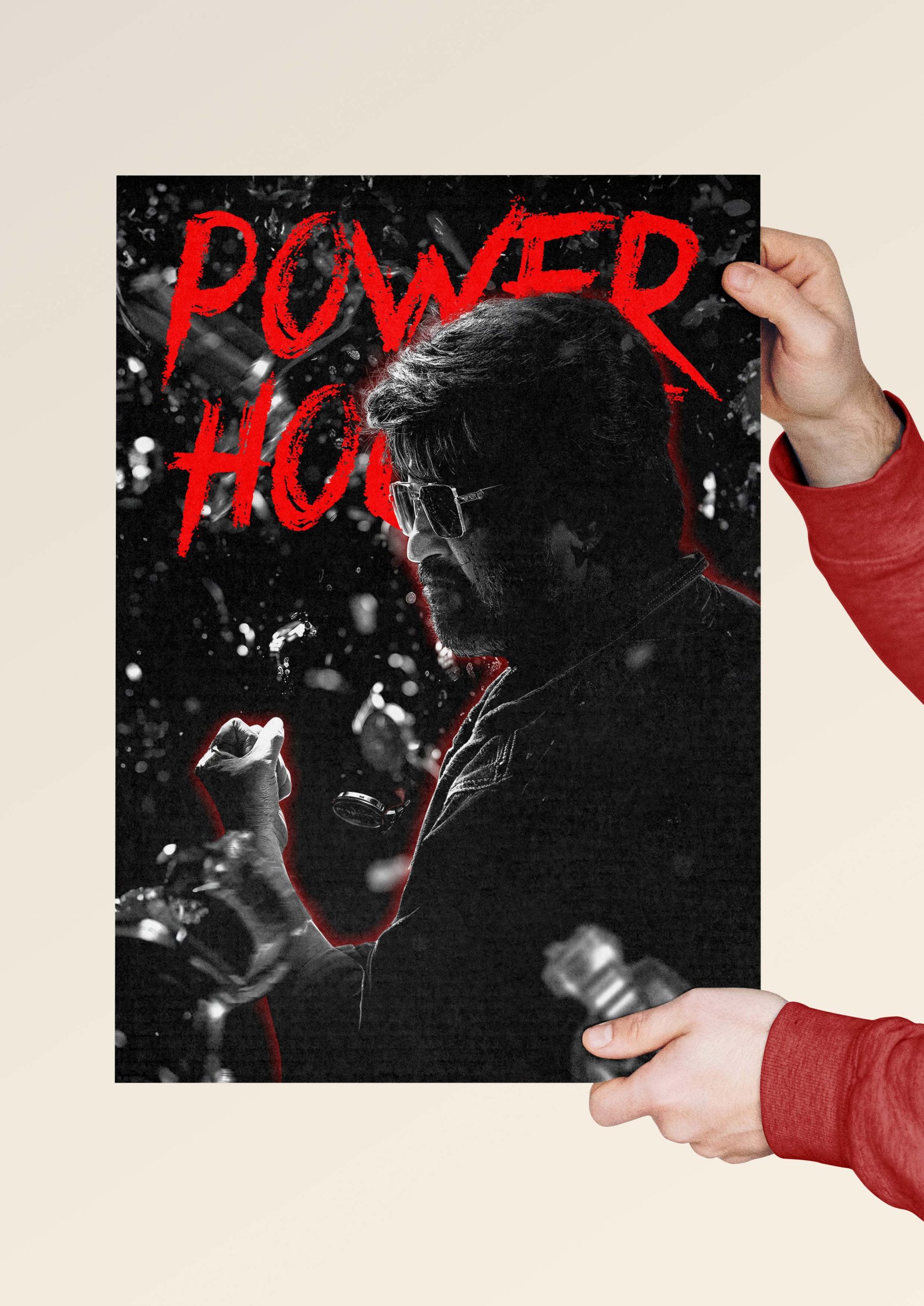 Superstar Rajinikanth in dark tones with shattered elements and dramatic lighting.