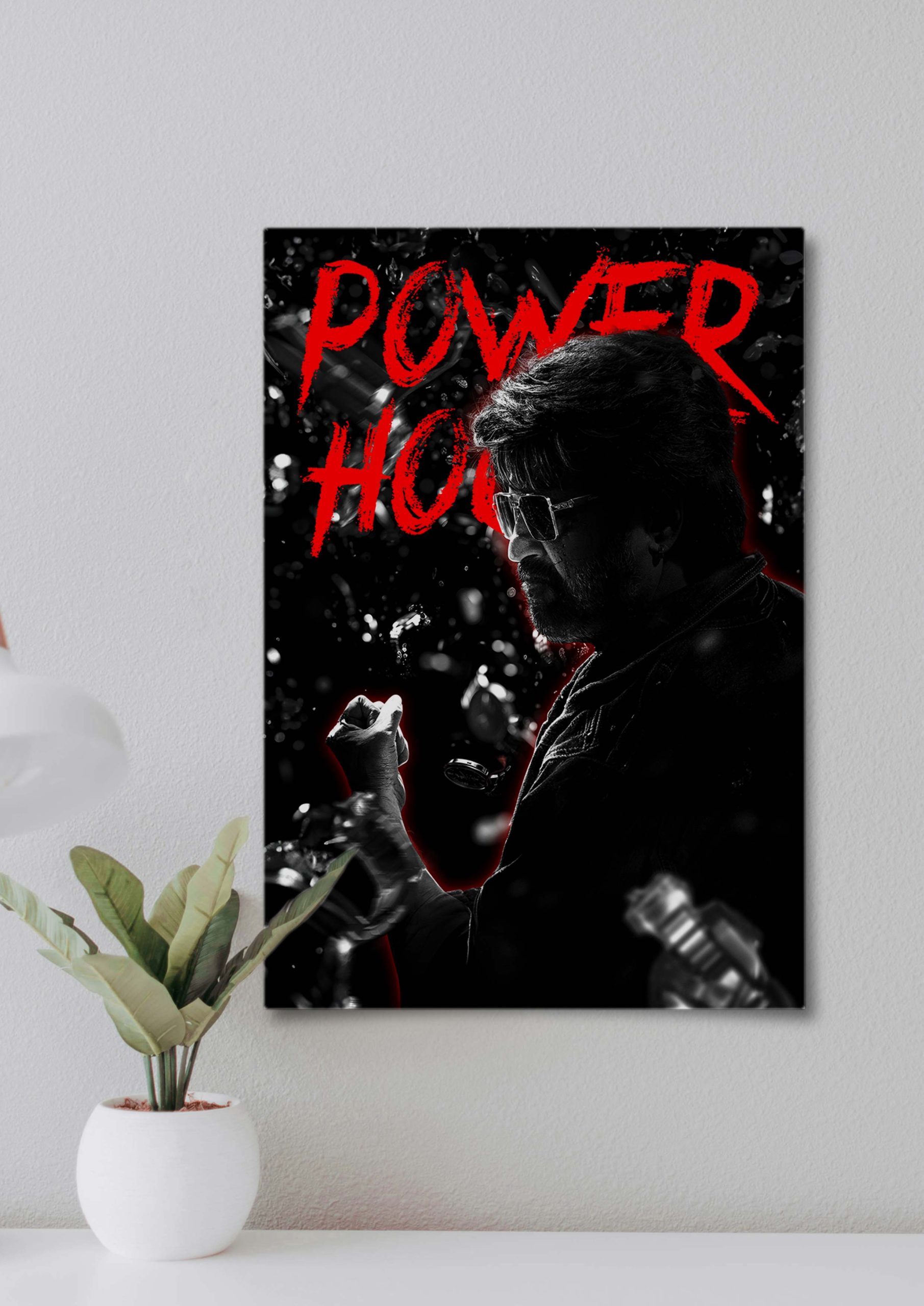 Black and white heroic portrait with red title "POWER HOUSE"