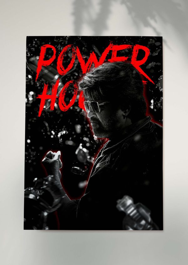 Monochrome rajini action coolie poster of a man with sunglasses and clenched fist.