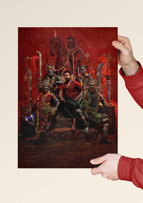 Tamil film Karuppu poster with red background and cultural theme.