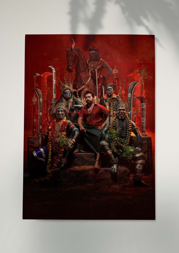 Karuppu movie poster featuring lead with traditional folk warriors.