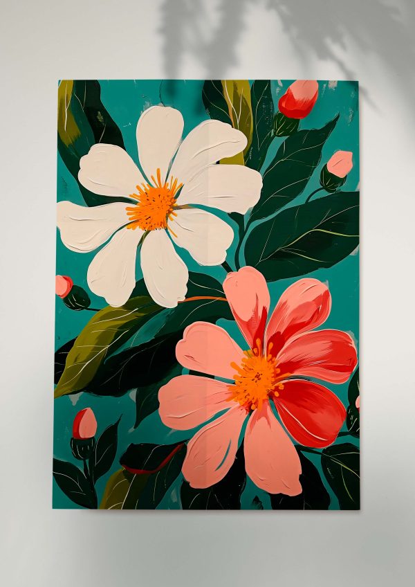 Bold floral painting with pink and white blooms on a teal background.
