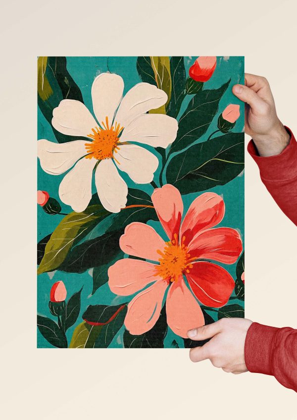 Contemporary flower art with brush-painted petals and orange centers.
