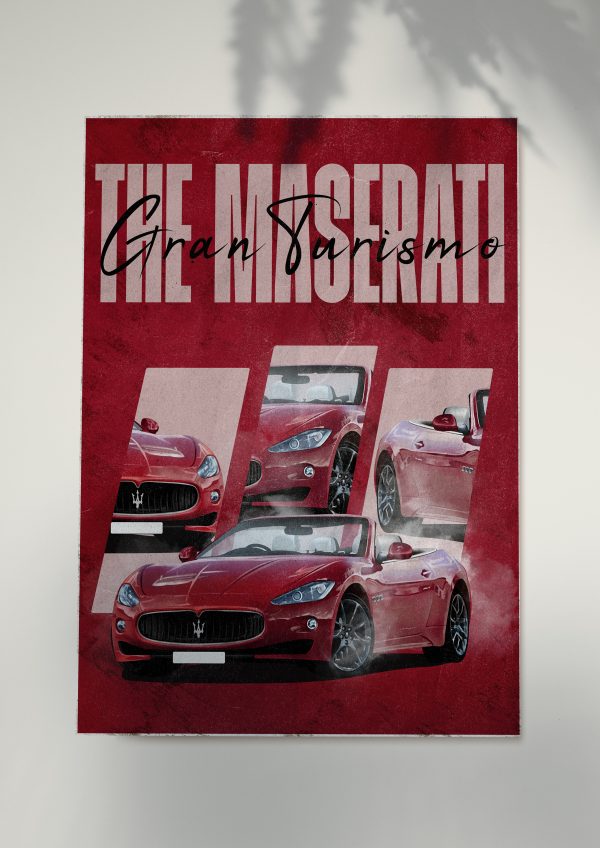 Vintage-style poster of red Maserati GranTurismo convertible.