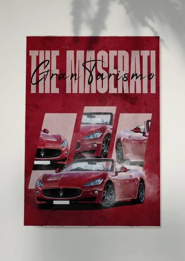 Vintage-style poster of red Maserati GranTurismo convertible.