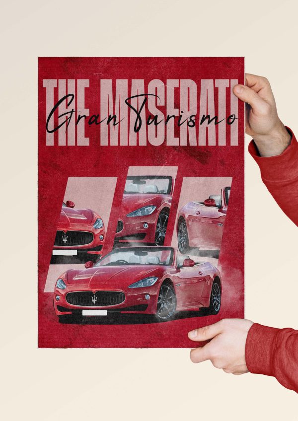 Bold car poster of Maserati GranTurismo with artistic layout.