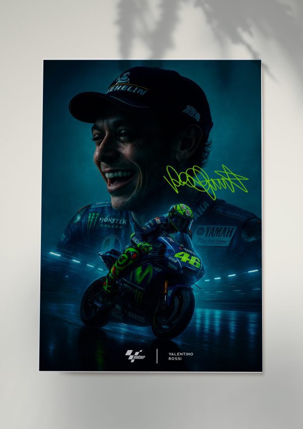 Valentino Rossi MotoGP poster with Yamaha bike and signature.