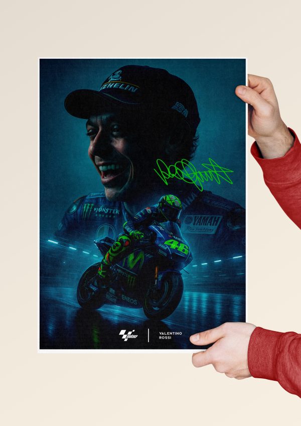 MotoGP tribute poster featuring Valentino Rossi and his iconic bike.