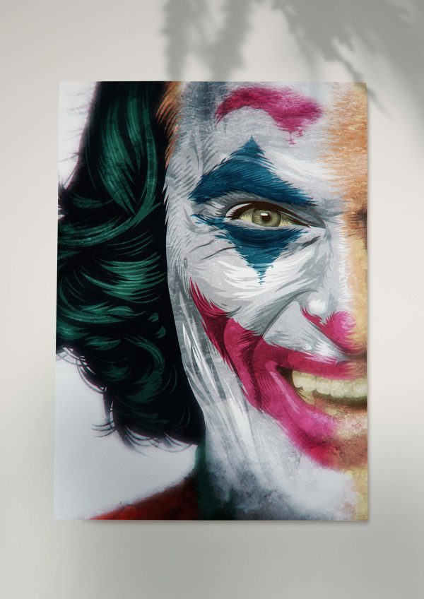 Joker half-face art poster with intense gaze and wild makeup.