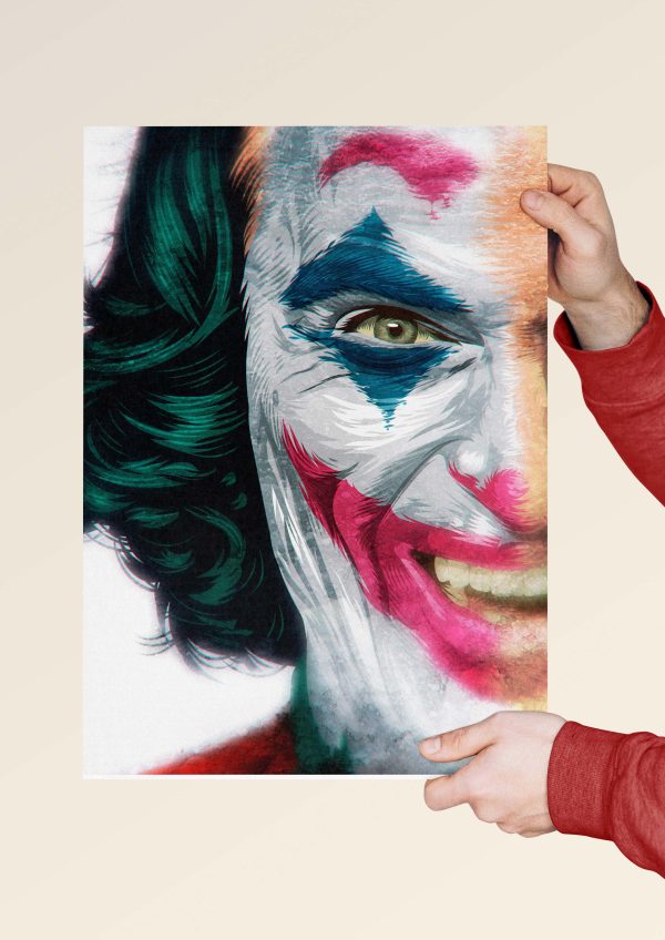 Painted Joker face poster in gritty comic-inspired style.