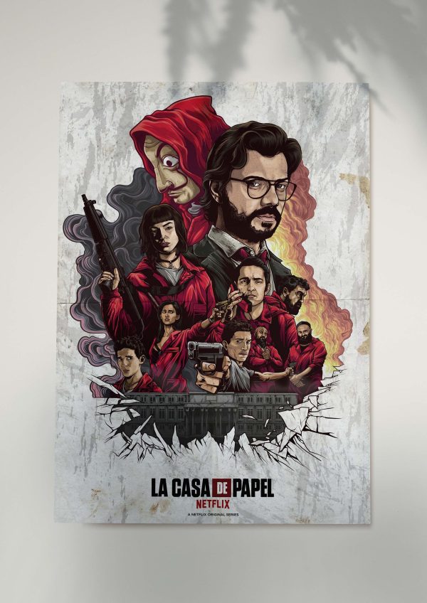 Money Heist crew illustrated poster with La Casa De Papel text