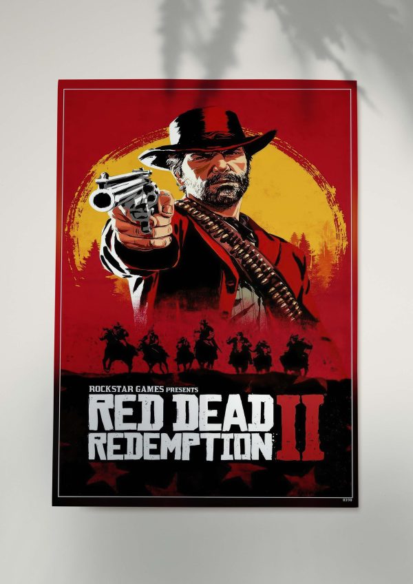 Red Dead Redemption II poster with Arthur Morgan aiming revolver