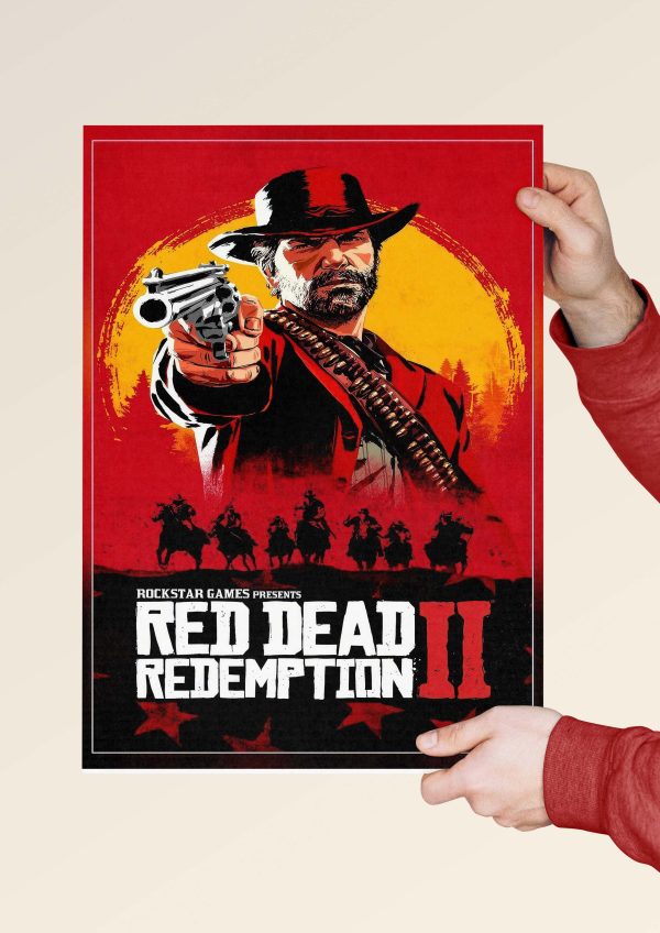 RDR2 official-style print with bold red-yellow background