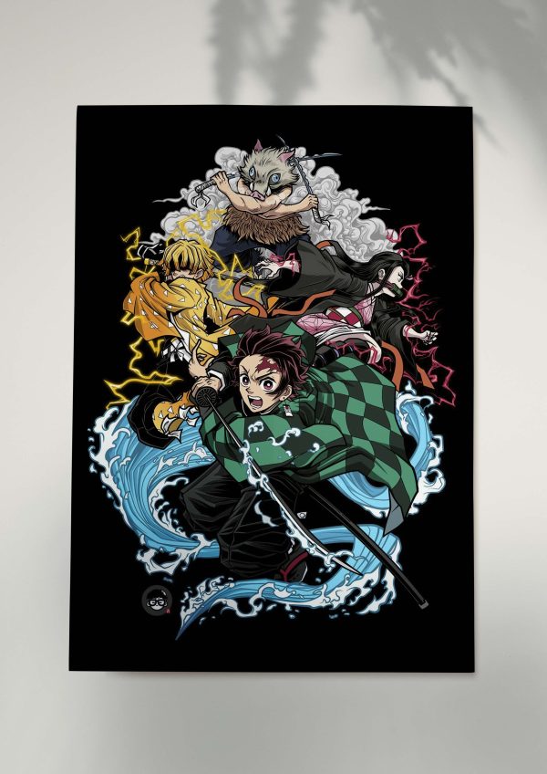 Demon Slayer anime poster with Tanjiro, Nezuko, Zenitsu, and Inosuke