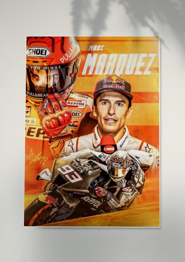 Marc Márquez MotoGP poster with Repsol Honda bike and dynamic design.