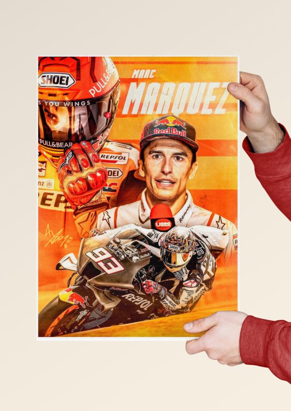 Marc Márquez artwork featuring Repsol team visuals and bike action shot.