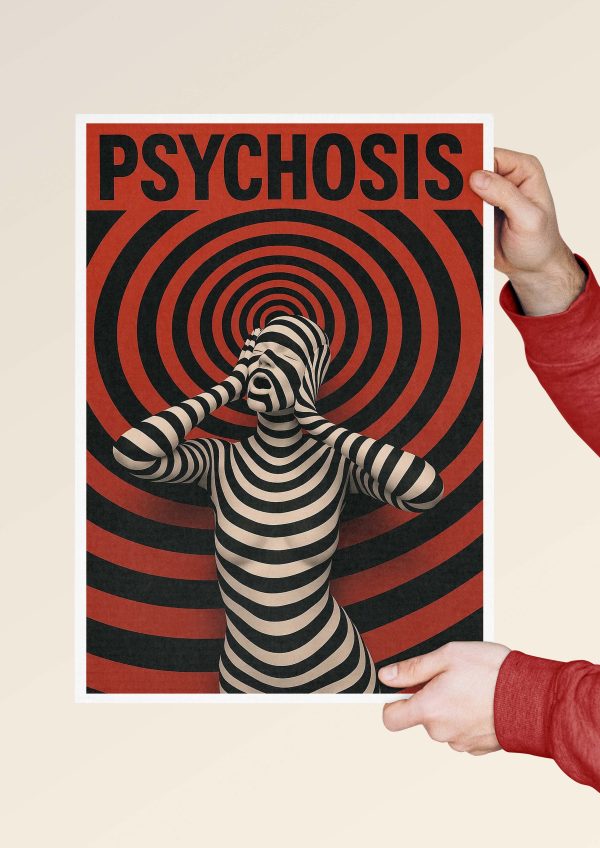 Black and cream striped body blending into concentric red and black circles