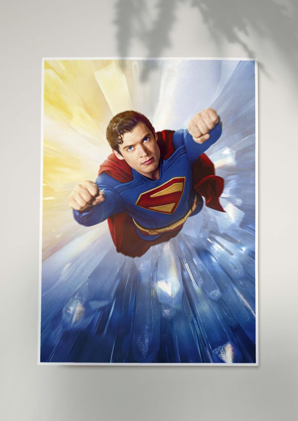 Superman flying through crystal structures in bold superhero artwork