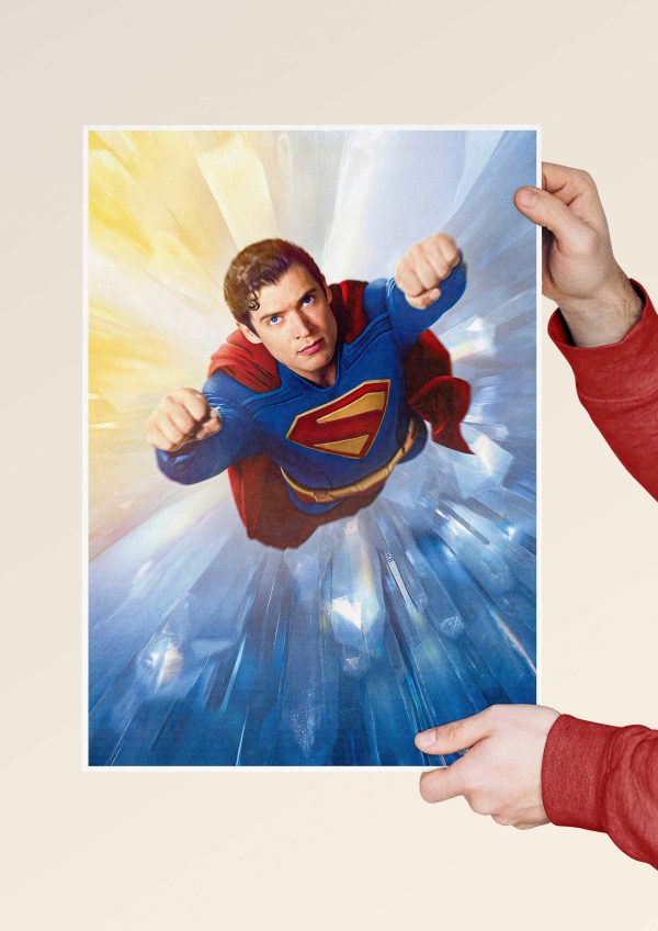 Superman in flight with glowing Fortress of Solitude background