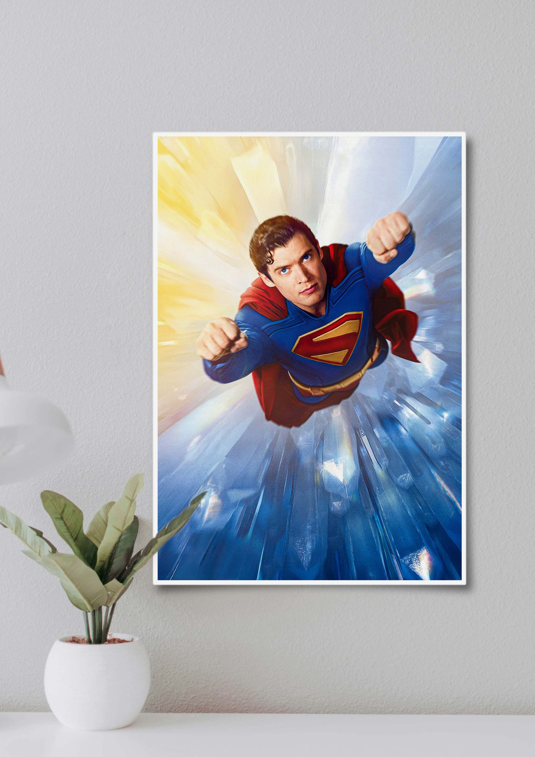 Heroic Superman mid-air with fists forward and vibrant lighting