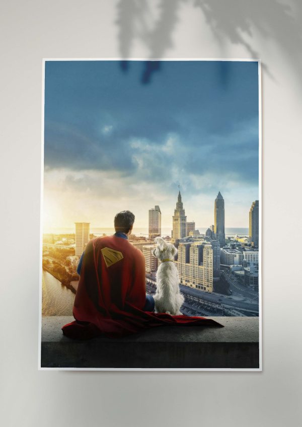 Superman and Krypto sitting on rooftop overlooking city skyline