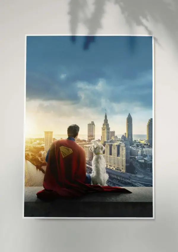 Superman and Krypto sitting on rooftop overlooking city skyline