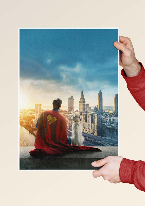 Emotional Superman poster with loyal dog companion