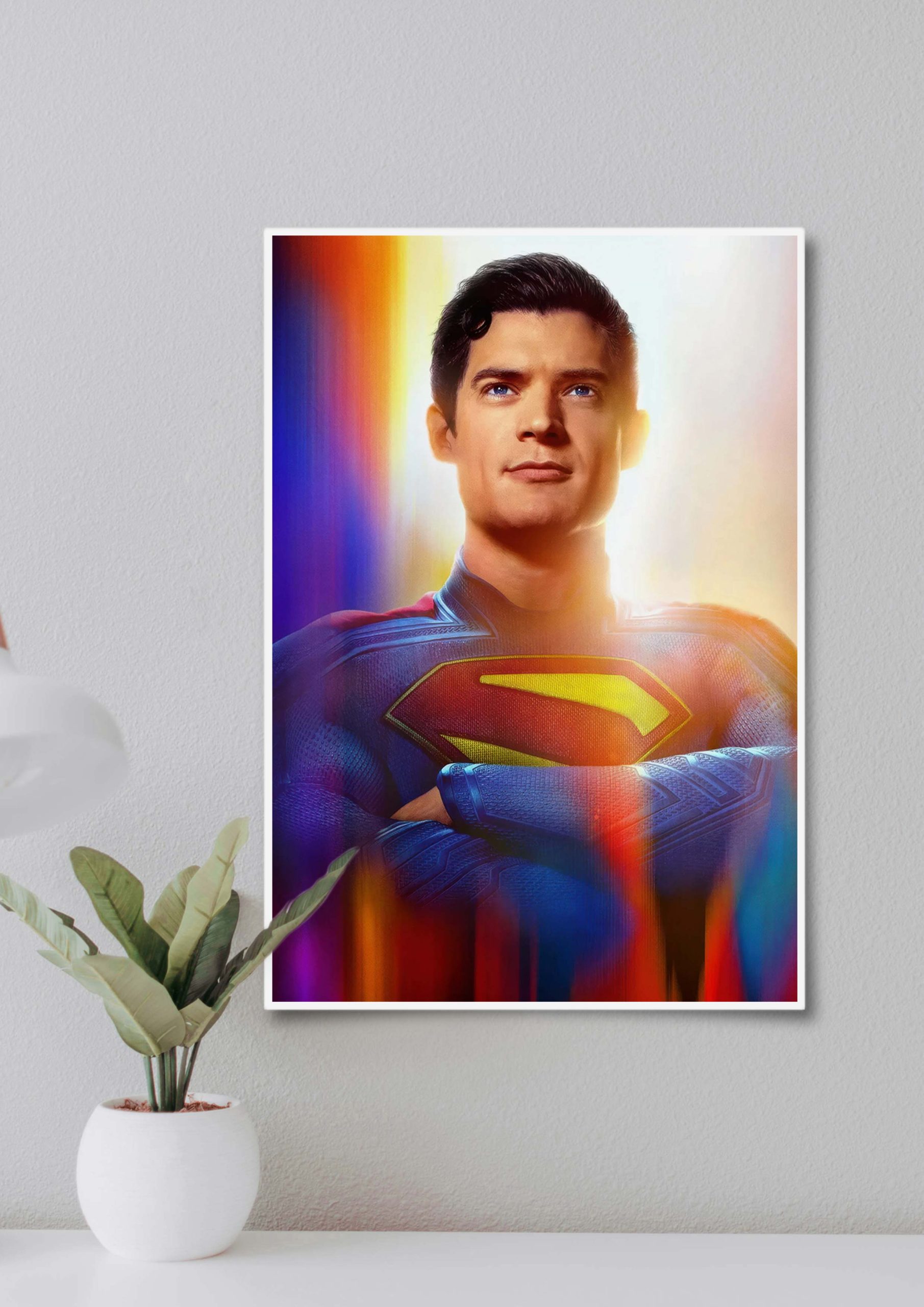 Superman folded arms artwork in cinematic rainbow light