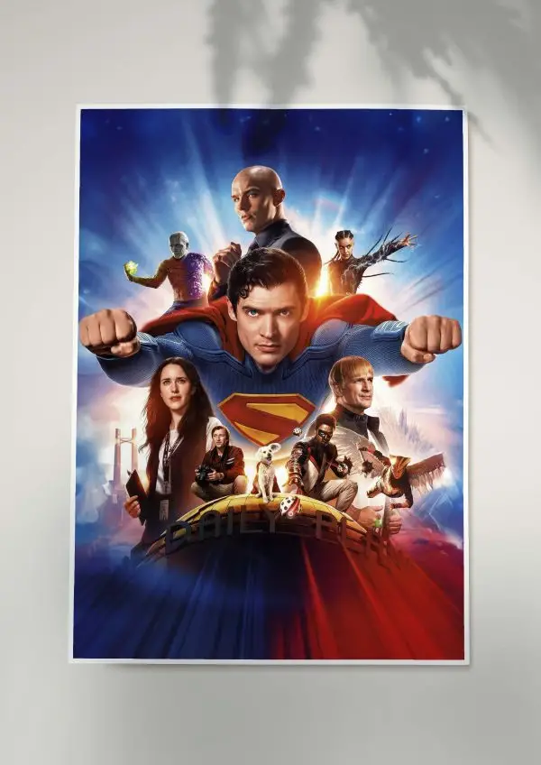 Superman flying with fists forward, surrounded by heroes and villains