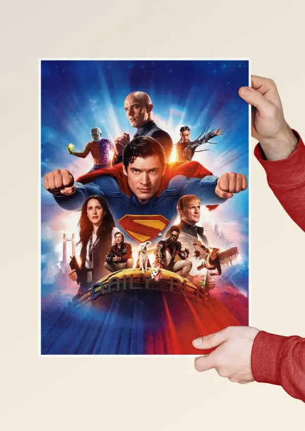 DC Comics superhero group poster featuring Superman and Lex Luthor