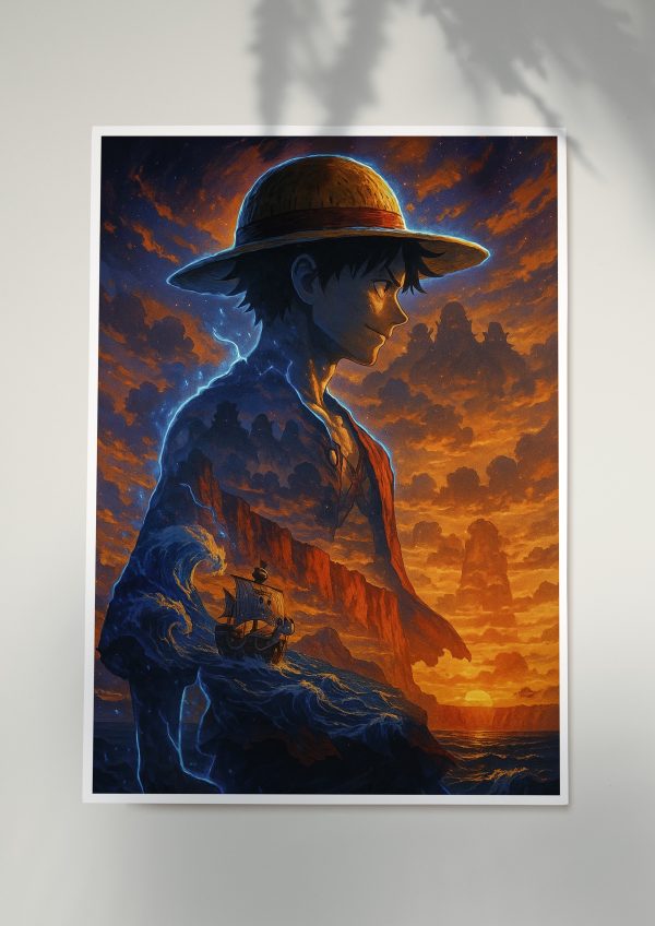 Anime adventure poster with sunset sky and seascape silhouette