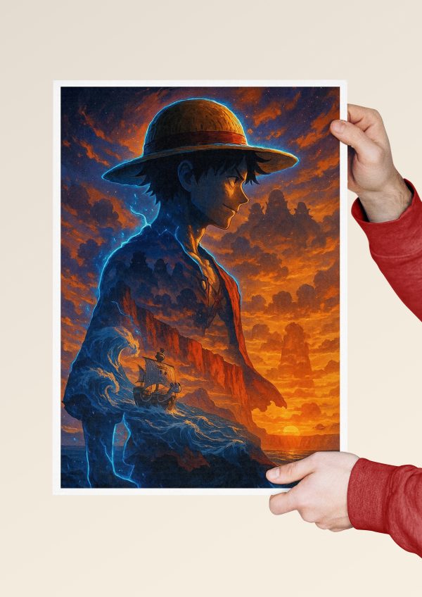 Luffy sunset poster with glowing outline and ship on the sea