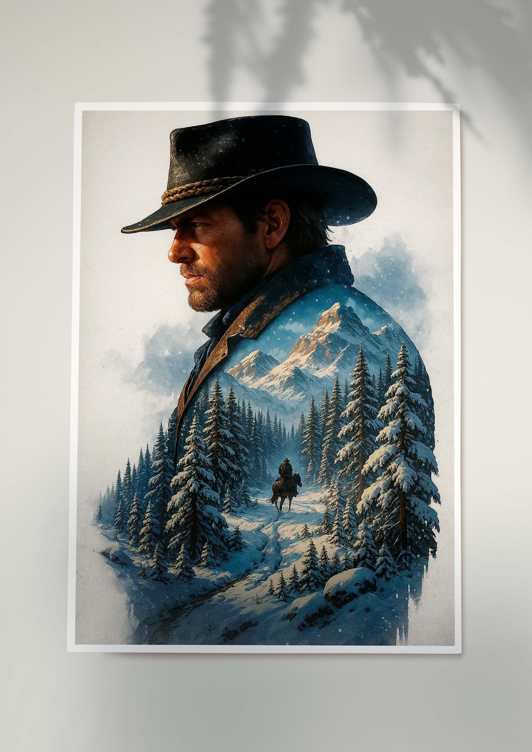 Red Dead Redemption 2 poster with Arthur Morgan in winter landscape